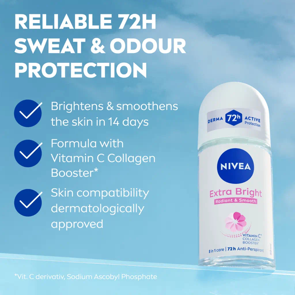 Nivea Extra Bright Radiant & Smooth 72H Anti Perspirant Deodorant Roll on for Women 50ml