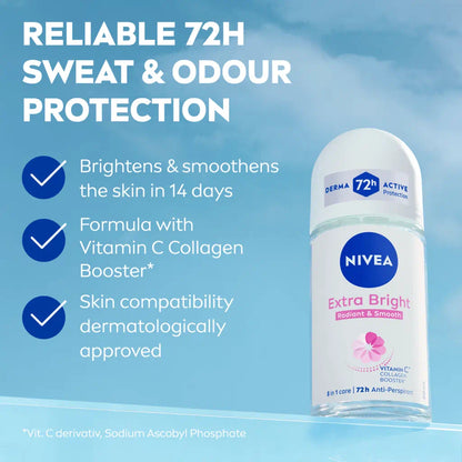 Nivea Extra Bright Radiant & Smooth 72H Anti Perspirant Deodorant Roll on for Women 50ml